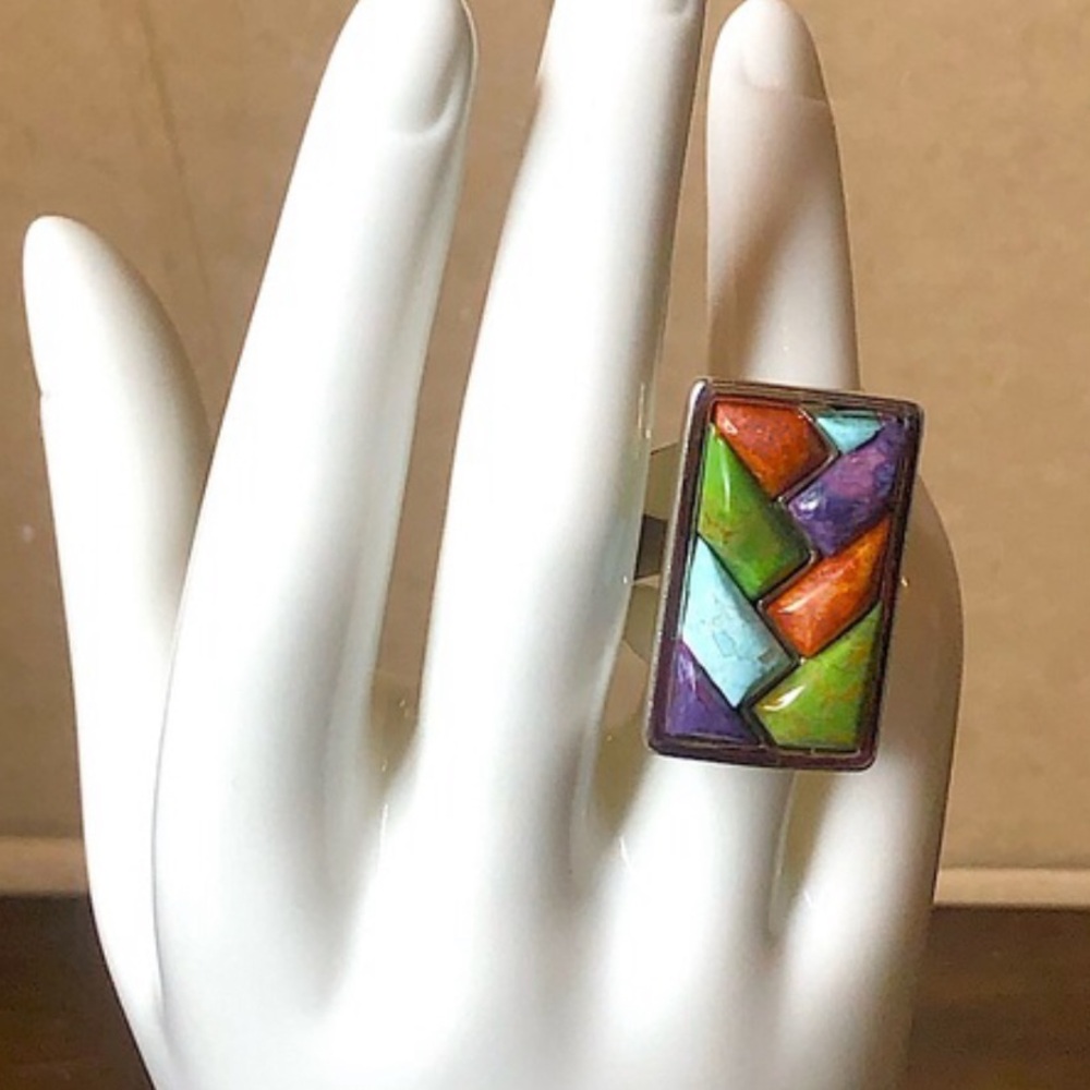 JAY KING Turquoise Coral Sterling Silver Gemstone Inlay SW Style Ring Sz 10/12